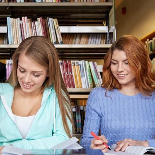 Two women sitting at a table in front of books.