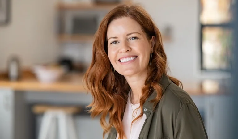 Smiling woman with red hair in casual attire indoors.